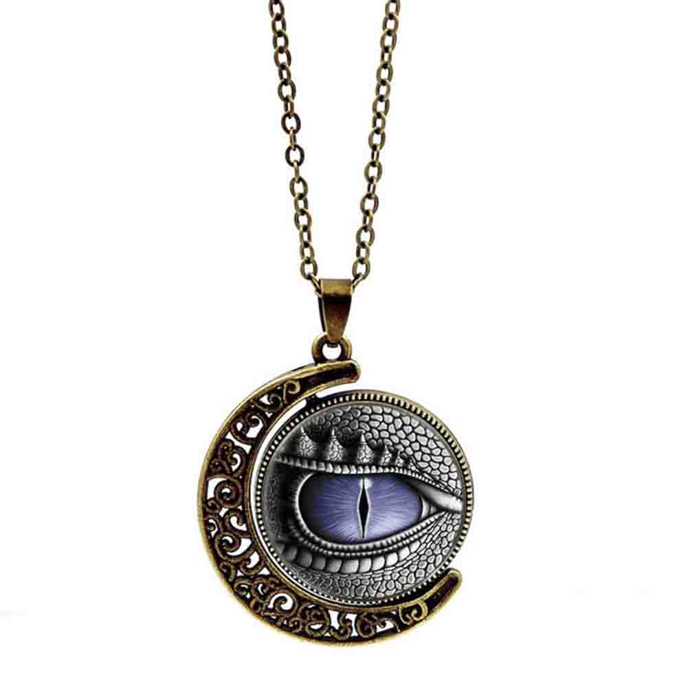 Jiaroswwei Unisex Rotatable Dragon Eye Hollow Moon Pendant Long Chain Necklace Jewlery